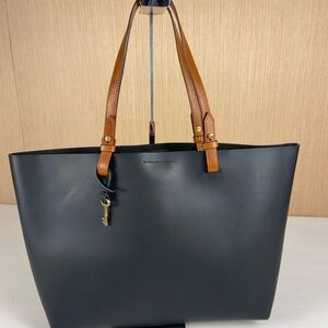 Fossil Rachel ZB6817 Black Leather Tote w/ Zipper Pouch & Key Charm